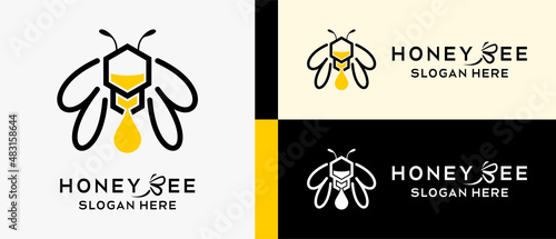 honey bee logo design template with line art concept. premium vector logo illustration