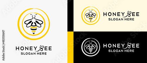 honey bee logo design template with line art concept, bee element in circle. premium vector logo illustration