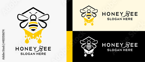 honey bee logo design template with creative concept of bee and honey drop elements. premium vector logo illustration