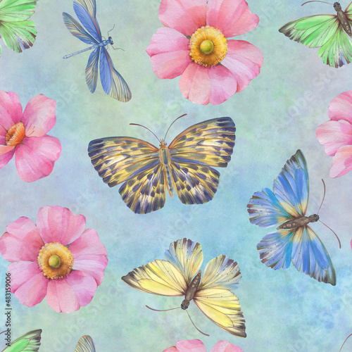 Seamless ornament for wrapping paper  design  print. Abstract Delicate flowers and butterflies are painted with watercolors  digitally processed. Botanical pattern on an abstract background.