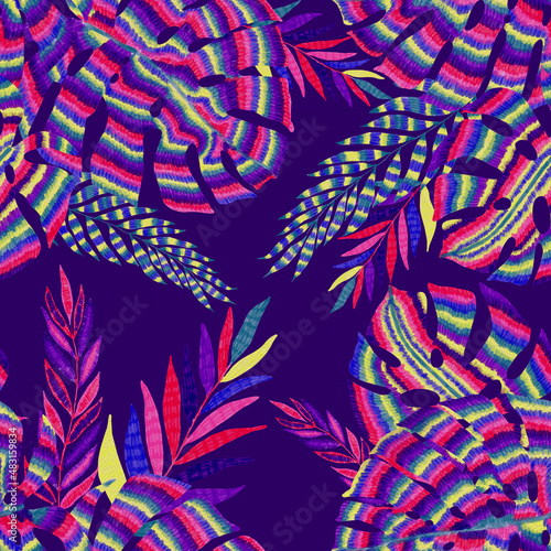 Fototapeta Naklejka Na Ścianę i Meble -  Modern abstract seamless pattern with creative colorful tropical leaves. Retro bright summer background. Jungle foliage illustration. Swimwear botanical design. Vintage exotic print.	