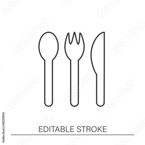  Kitchen tool line icon. Bamboo cutlery. Reusable knife, fork and spoon. Recycling. Ecology. Zero waste concept. Isolated vector illustration. Editable stroke