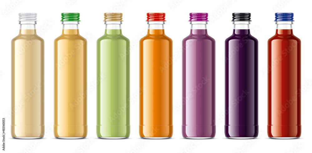 Set of Glass Bottles with non-transparent Juices. Set of Glass Bottles with non-transparent Juices.