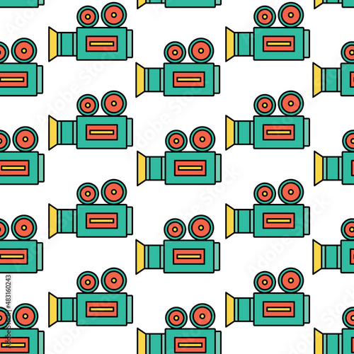 Vector illustration. Seamless pattern with retro videocamera icon. Outline drawing.