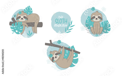 Collection of cute sloths cartoon animals. Vector illustration.