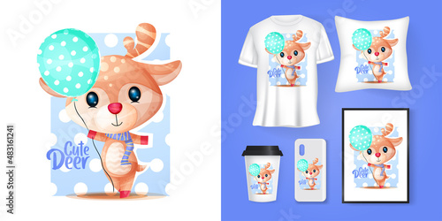 cute deer with balloons cartoon and merchandising