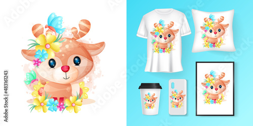 cute deer with flowers cartoon and merchandising