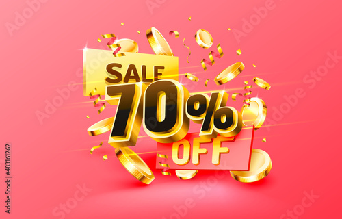 70 Off. Discount creative composition. 3d sale symbol with decorative objects, golden confetti, podium and gift box. Sale banner and poster. Vector