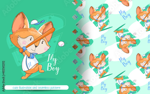 cute fox playing baseball illustration and seamless pattern