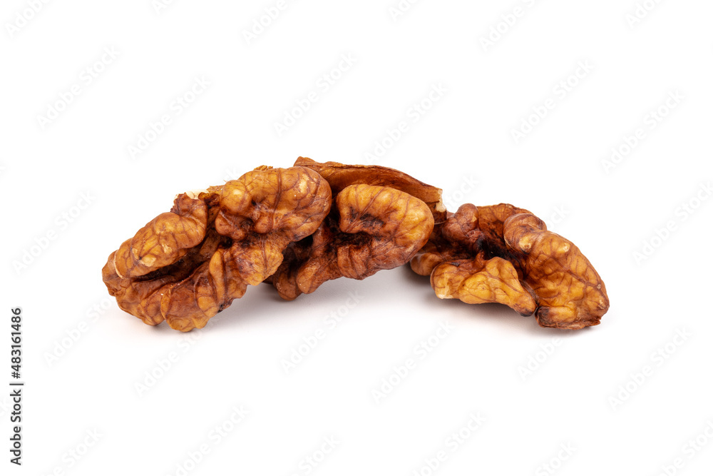 Walnut kernels isolated on white background. Space for text.