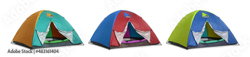 Set with different colorful camping tents on white background. Banner design © New Africa