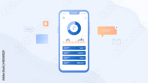 Smart wallet concept with credit or debit card payment application on smartphone screen. A neon key and lock hovers over the phone. The concept of mobile phone and personal data protection. Vector