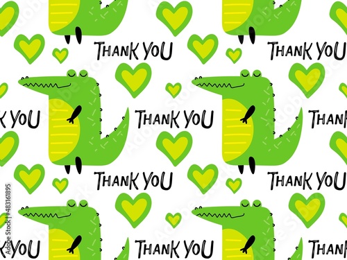 Seamless pattern with Thank You text and heart shape and crocodile. Cute cartoon character for Thank you day card, wallpaper, wrapping, packing, packaging. Good smiling crocodile. Handdrawn lettering.
