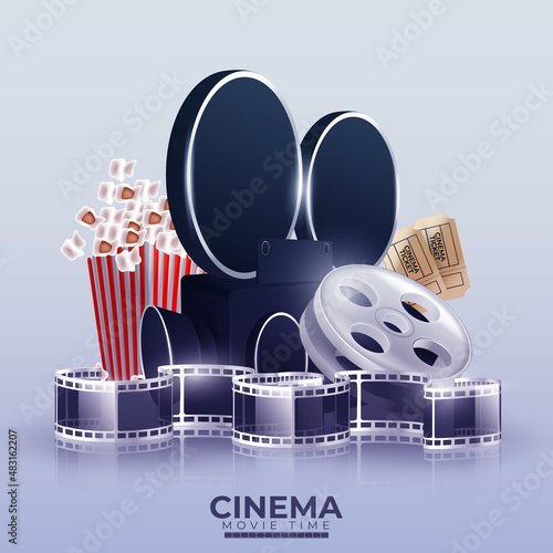 Cinema videocamera food clapboard and 3d glasses design, Movie video film media entertainment theme Vector illustration