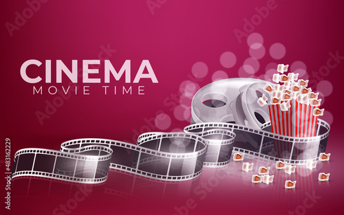 Movie time vector illustration. Cinema poster concept on red round background. Composition with popcorn, clapperboard, 3d glasses and filmstrip. Cinema banner design for movie theater.