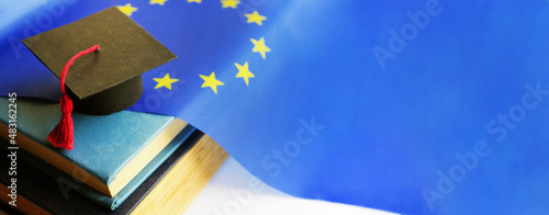 European education system concept. Graduate from EU university banner. Copy space