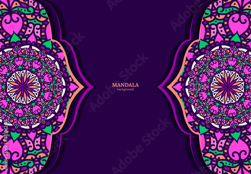 Vector vintage decor, ornate seamless borders and round mandala. Vignettes with arches, rosettes, floral elements. Eastern style design. Ethnic decoration. Indian, Pakistani, Turkish, Arabic motifs.