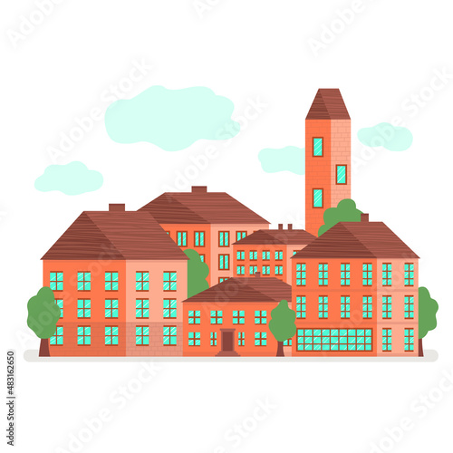 Landscape city house facades vector illustration. Flat urban centre isolated on white background. Townscape buildings