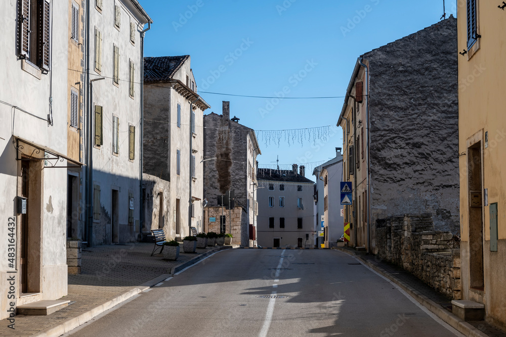 Picturesque town of Bale and its empty streets full of old houses, during winter season
