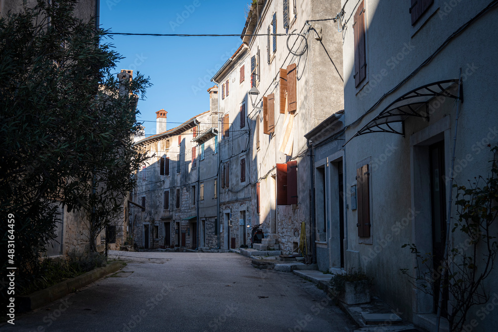 Picturesque town of Bale and its empty streets full of old houses, during winter season