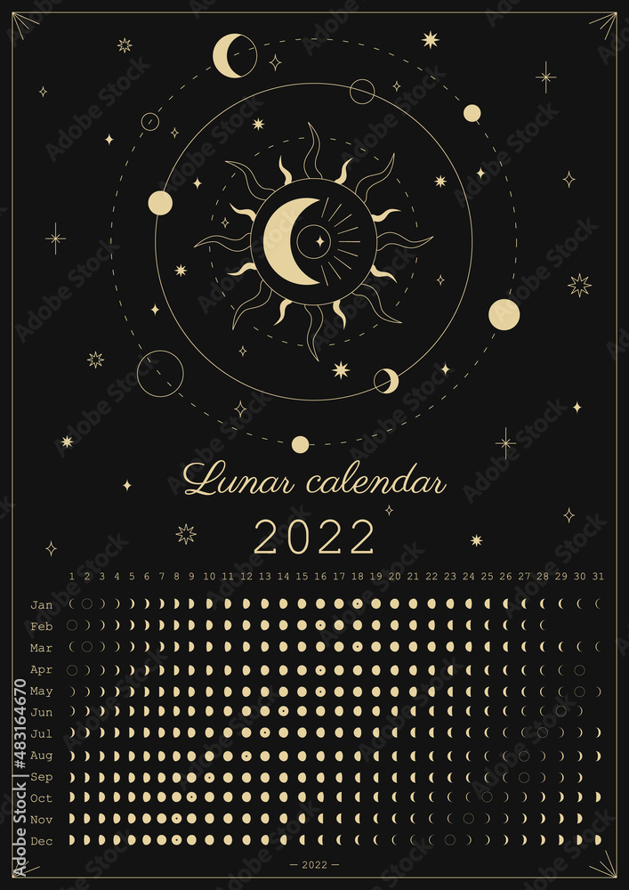2022 Moon calendar. Astrological calendar design. Moon phase cycle. Modern boho moon calendar poster template design. Lunar phases schedule and cycles. Vector vintage illustration. Editable A3, A4, A5