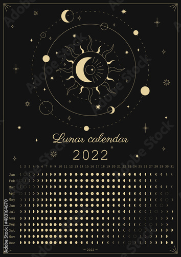 2022 Moon calendar. Astrological calendar design. Moon phase cycle. Modern boho moon calendar poster template design. Lunar phases schedule and cycles. Vector vintage illustration. Editable A3, A4, A5