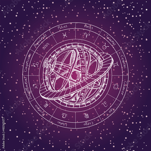 Vector circle of the Zodiac signs with icons, names and Ptolemaic Geocentric System on the background of the starry sky. Decorative banner for astrological forecasts and horoscopes. Contour drawings