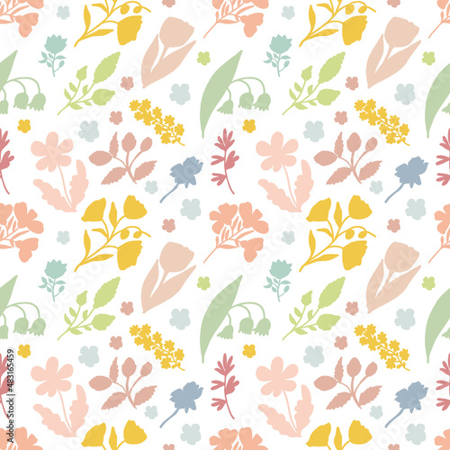 Pastel colors floral silhouette seamless pattern on white background. Vector botanical art with flowers and leaves.