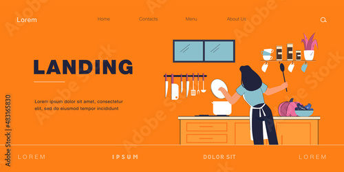 Woman standing near stove in kitchen holding spoon. Housewife cooking eating flat vector illustration. Food cooking, family lifestyle, life routine, household concept