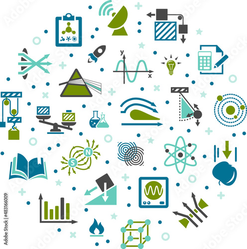Physics vector illustration. Concept with icons related to STEM & science education, physics & mechanics as a subject in school or university / college, concepts like gravity, magnetism, friction