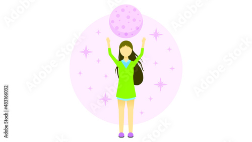 Abstract Flat Albino Pale Skin Girl Reaching For The Moon Cartoon People Character Concept Illustration Vector Design Style Albinism Disease International Albinism Awareness Day