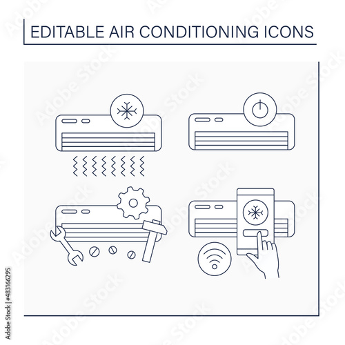 Air conditioning line icons set. Cool mode, repair, switch off and manage by smartphone. Air conditioning concept. Isolated vector illustrations. Editable stroke