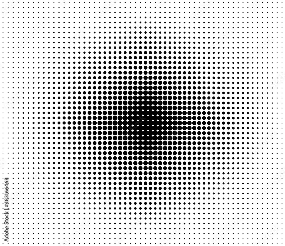 Halftone dot pattern. Pop art gradient background with circles. Comic half tone effect. Abstract cover design. Optical spotted radial texture. Black white banner. Monochrome vector illustration