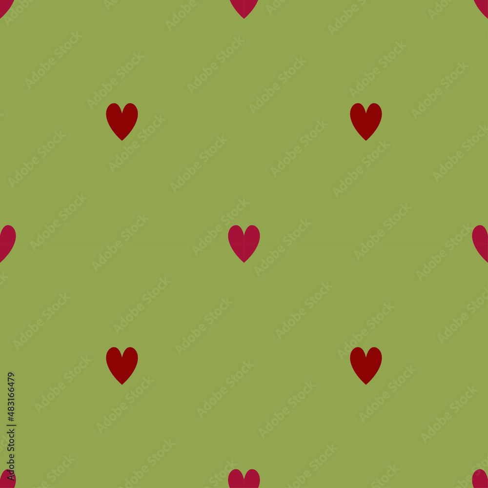 Red hearts on a green background. Romantic vector seamless pattern. Wrapping paper, napkins, textiles.