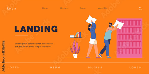 Male and female characters holding pillows, playing together and having fun. Childish adults having pillow fight flat vector illustration. Free time, sleepover, pajama party concept