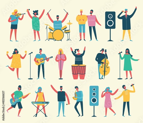 Vector background of group of singing and playing music instrument people