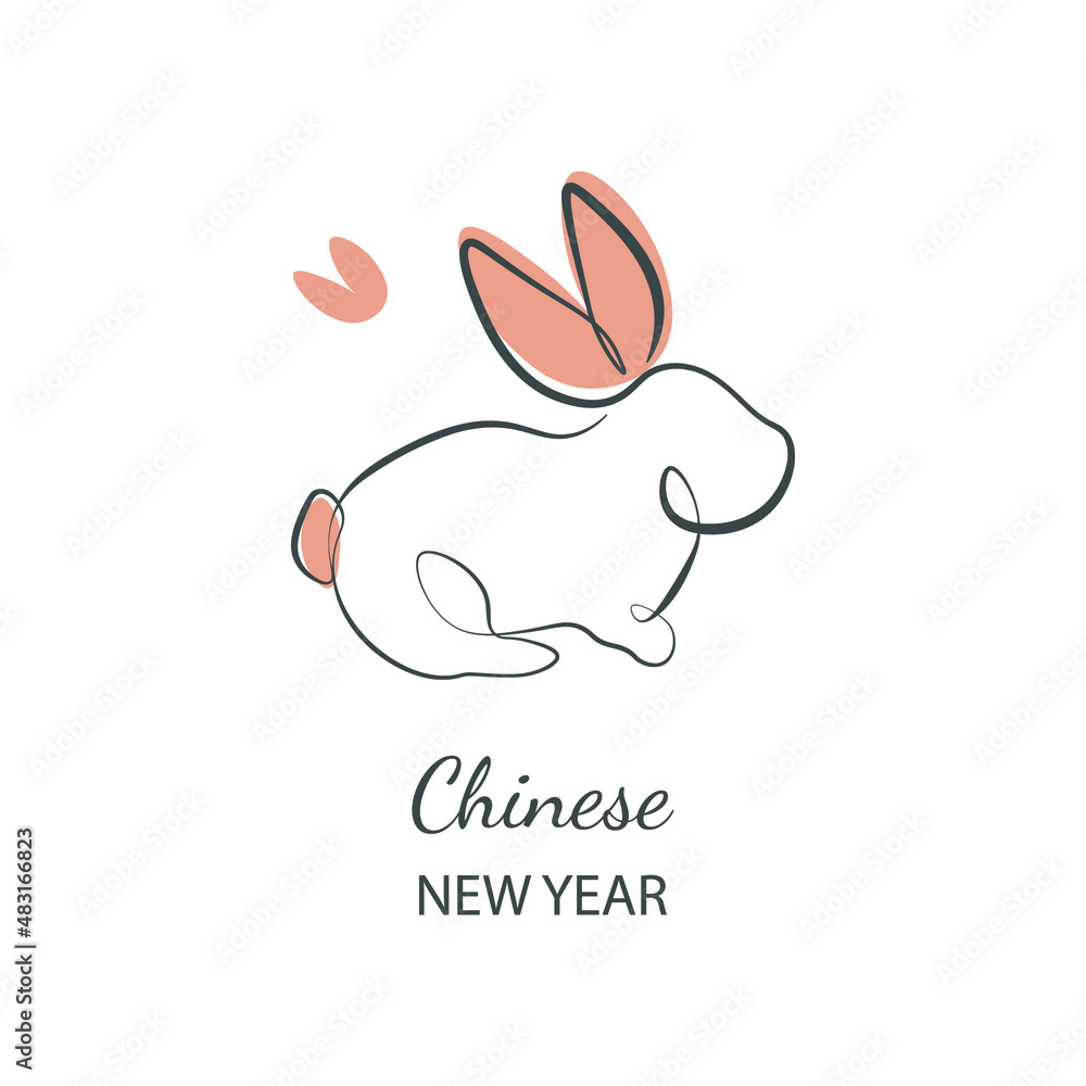 Fototapeta premium Chinese New Year 2023, year of the rabbit, red and gold line art characters, simple hand drawn Asian elements with craft (Chinese translation: Happy Chinese New Year 2023, year of the rabbit).
