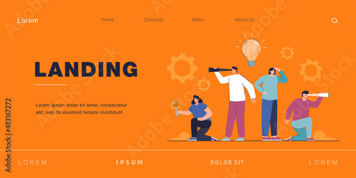Young creative people looking for new ideas and projects. Flat vector illustration. Men, women with magnifying glasses, telescopes, in search of new challenges. Creativity, teamwork, ingenuity concept