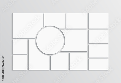 Photo collage template. Moodboard layout. Mood board background. Mosaic picture frame. Scrapbook grid. Gallery banner. Retro photoframe. Album brandboard. Portfolio images isolated Vector illustration