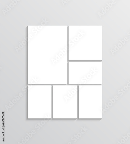 Moodboard template. Photo collage layout. Mood board grid. Mosaic pictures frame. Retro gallery banner. Album brandboard. Portfolio images isolated on gray background. Vector illustration