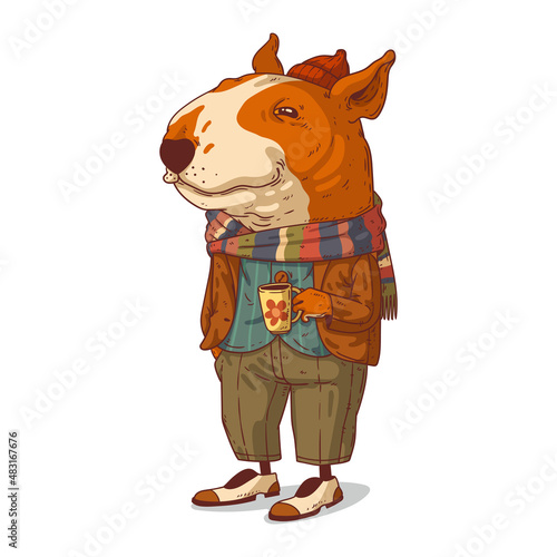 A hipster dog, vector illustration. Stylish humanized bull terrier. Positive trendy dressed anthropomorphic dog, standing still and holding a mug of tea or coffee. Animal character with human body.