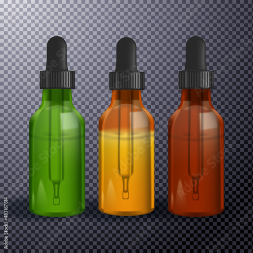 Various glass bottles with CBD oil, THC tincture and hemp leaves on a marble background. Flat lay, minimalism. Cosmetics CBD oil.