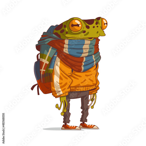 A traveler frog, vector illustration. Humanized backpacker frog ready for adventures. Calm anthropomorphic frog, with a backpack, wrapped in a large warm plaid scarf. Animal character with human body.