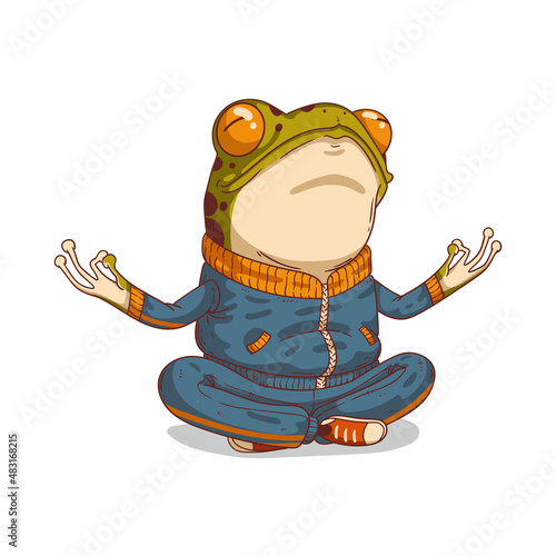 Zen frog, isolated vector illustration. Meditating humanized frog. Anthropomorphic frog wearing a sport suit, practicing yoga, sitting in lotus position. An animal character with a human body. Furry. © Kyyybic