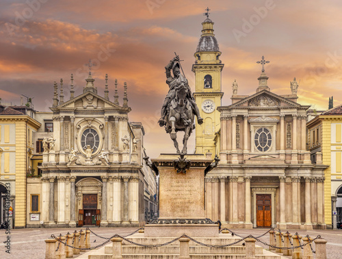 Turin, Piedmont, Italy: equestrian monument of Emmanuel Philibert in Piazza San Carlo, St. Charles square, and twins churches Santa Cristina and Sant Carlo (right). photo