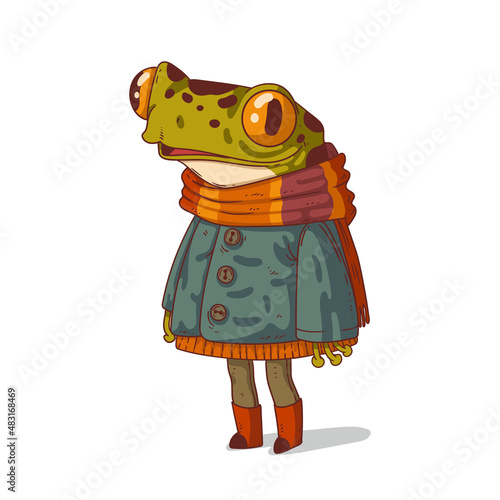 Nice hipster girl frog, isolated vector illustration. Cartoon humanized frog. Cute anthropomorphic warm dressed female frog standing still with a glad face. An animal character with a human body.