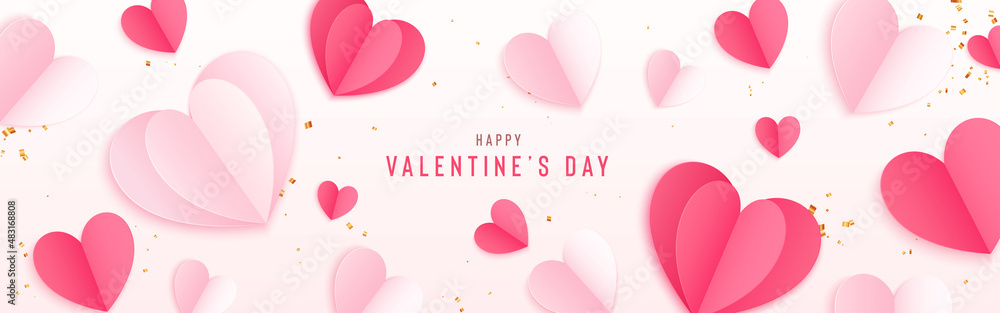 Happy St. Valentines Day card with 3d paper hearts and confetti. Vector holiday design template. Romantic pink background for banner, poster, greeting card, flyer, modern brochure.