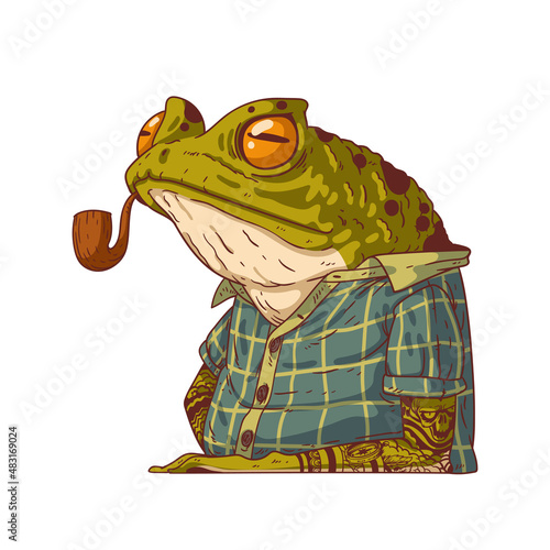 A frog smoking a pipe, vector illustration. Humanized frog. A portrait of an anthropomorphic frog, wearing a plaid shirt, and smoking a pipe with a calm face. An animal character with a human body.