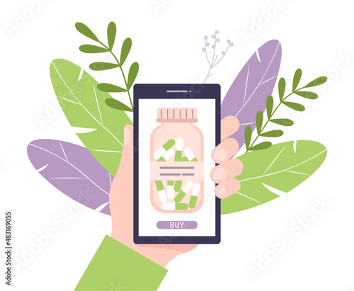 Homeopathic pills. Alternative medicine. Homeopathic treatment and phytotherapy concept. Herbal pills. Buying medicine online. Human hand holding smartphone while ordering medicines.