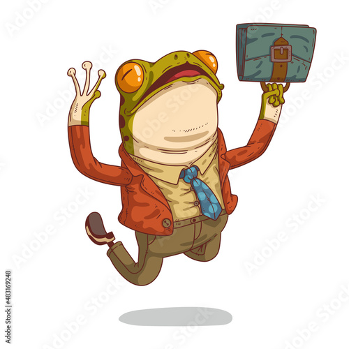 Office manager frog in a hurry, vector illustration. Humanized office employee frog. Funny excited anthropomorphic frog, floating in a jump with a briefcase. An animal character with a human body.